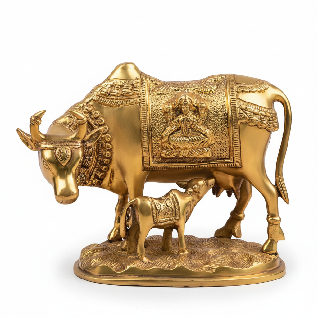 Pure Brass Gaumata with Calf Idol Handcrafted 7 Inch Statue for Puja and Home Decor