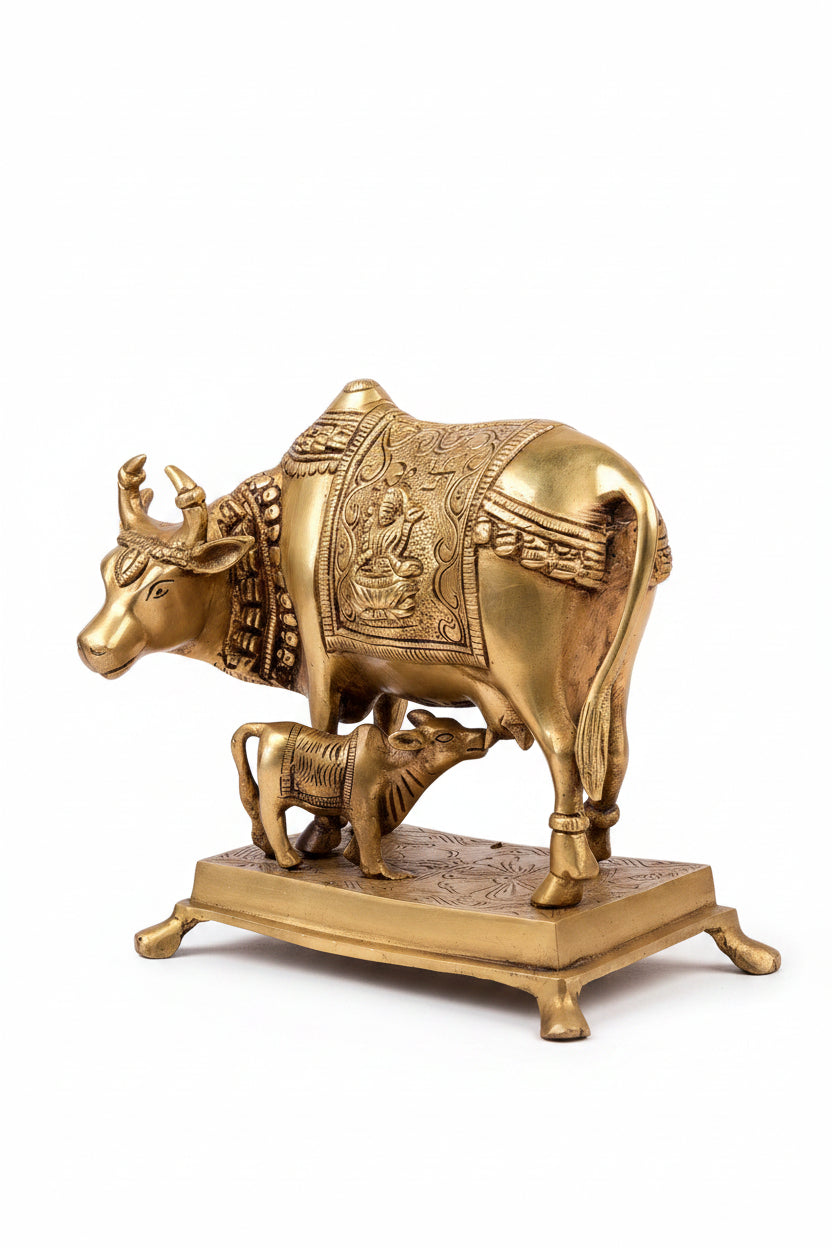 Pure Brass Gaumata with Calf Idol Handcrafted 7 Inch Statue for Puja and Home Decor