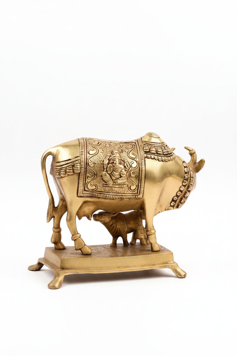 Pure Brass Gaumata with Calf Idol Handcrafted 7 Inch Statue for Puja and Home Decor