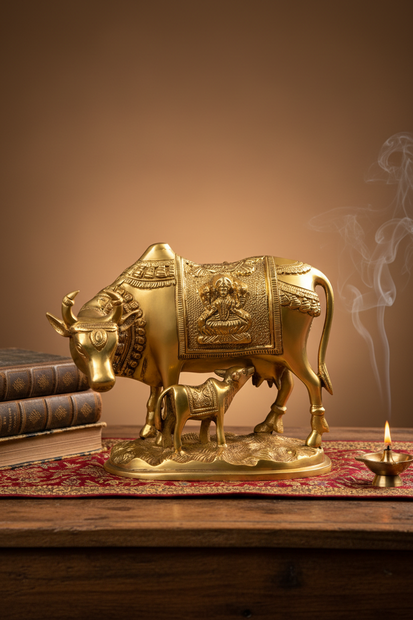 Pure Brass Gaumata with Calf Idol Handcrafted 7 Inch Statue for Puja and Home Decor