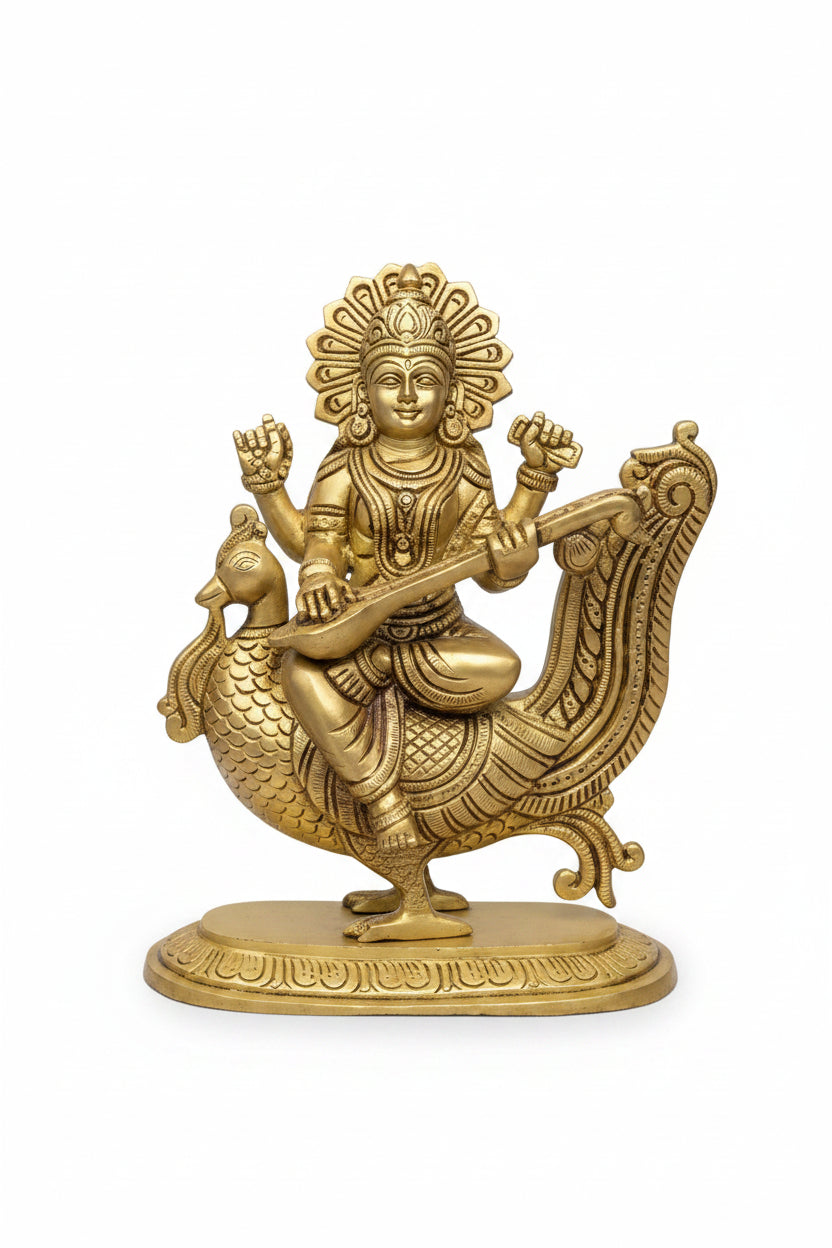 Pure Brass Goddess Saraswati Idol 7 Inch Large Handcrafted Statue for Puja Room and Home Temple