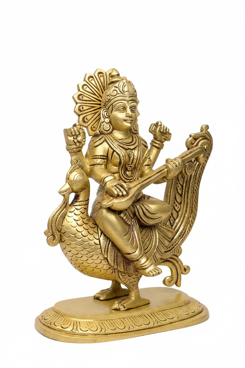 Pure Brass Goddess Saraswati Idol 7 Inch Large Handcrafted Statue for Puja Room and Home Temple