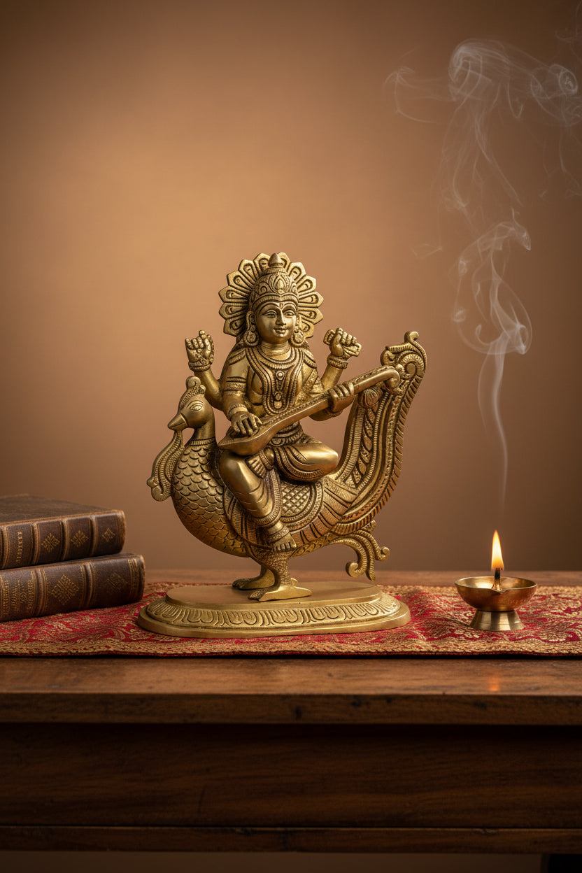 Pure Brass Goddess Saraswati Idol 7 Inch Large Handcrafted Statue for Puja Room and Home Temple