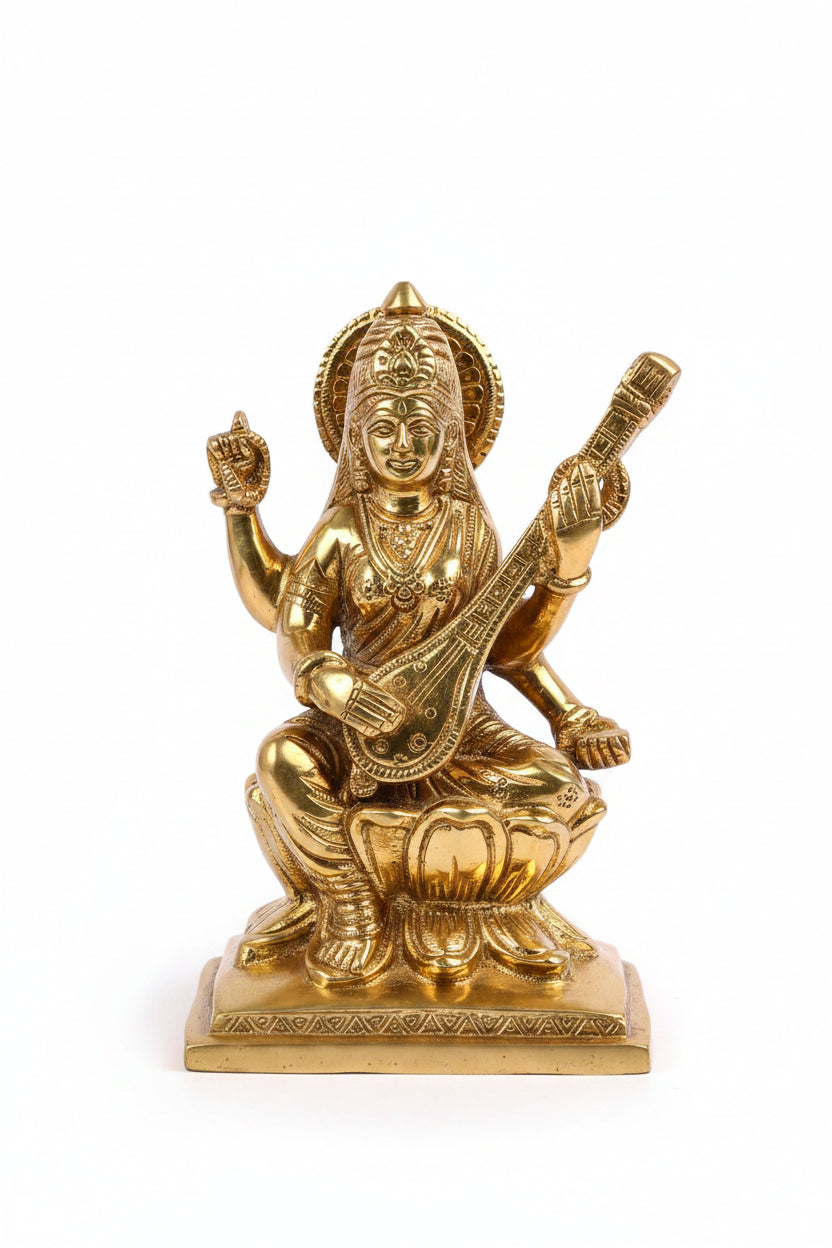 Pure Brass Goddess Saraswati Idol Kamal Lotus Seated 6 Inch Handcrafted Statue for Puja and Home Temple