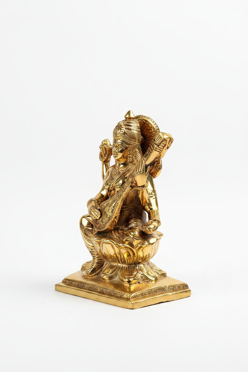 Pure Brass Goddess Saraswati Idol Kamal Lotus Seated 6 Inch Handcrafted Statue for Puja and Home Temple