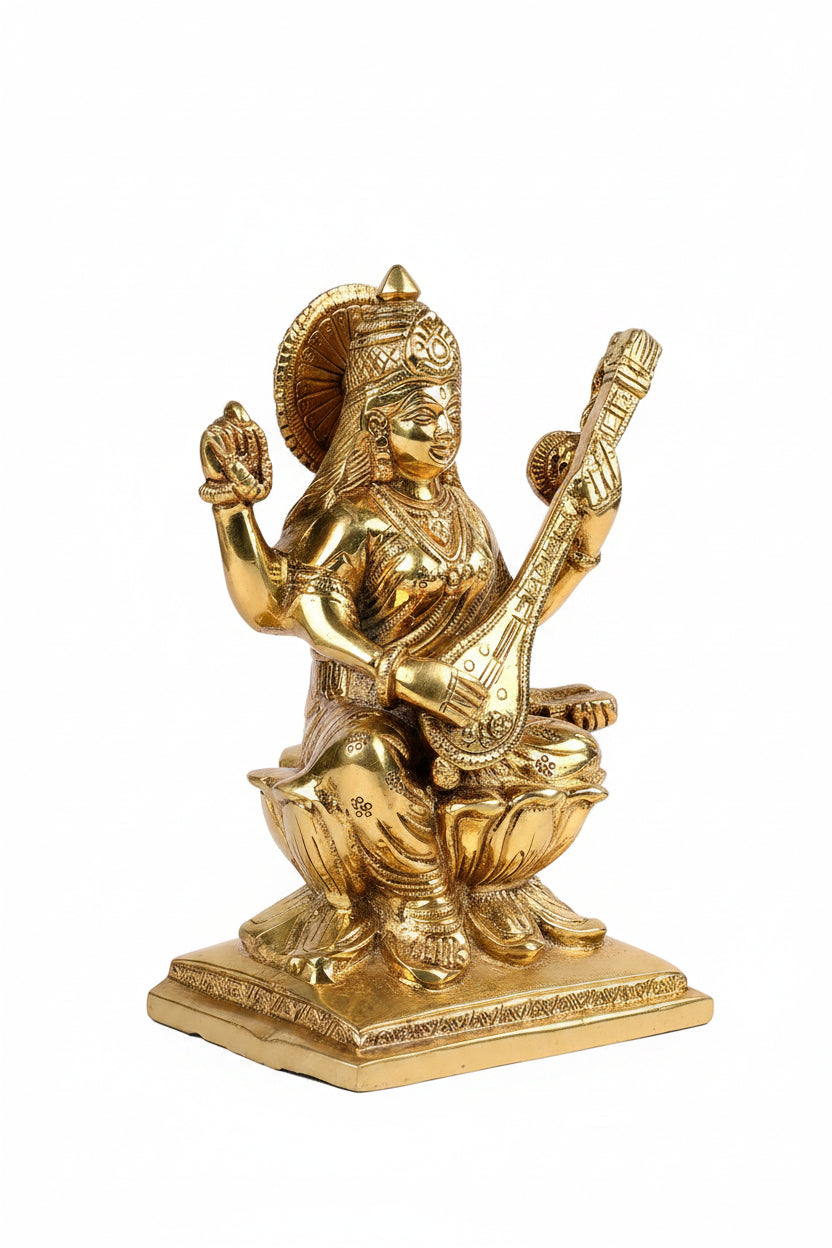 Pure Brass Goddess Saraswati Idol Kamal Lotus Seated 6 Inch Handcrafted Statue for Puja and Home Temple