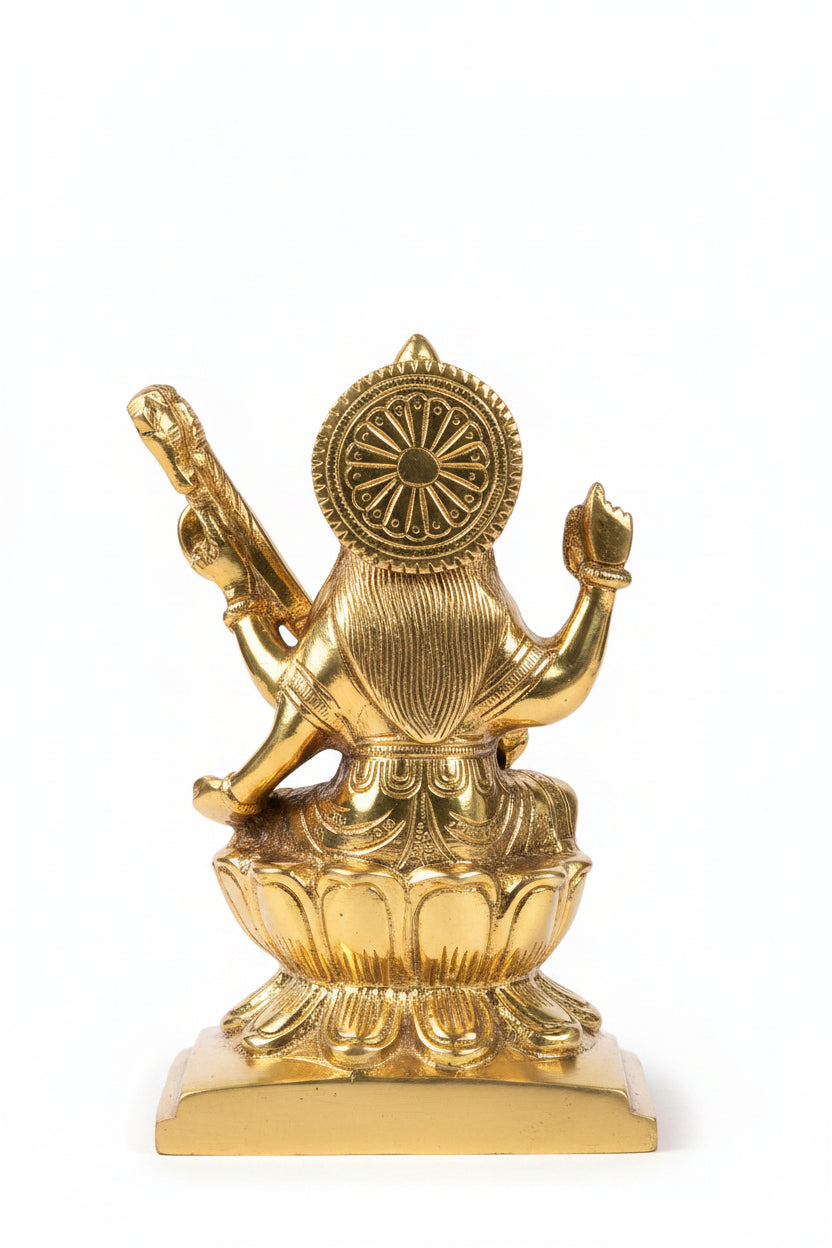 Pure Brass Goddess Saraswati Idol Kamal Lotus Seated 6 Inch Handcrafted Statue for Puja and Home Temple
