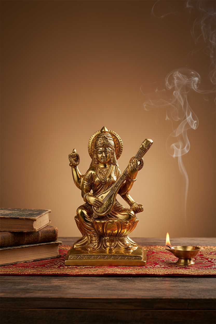 Pure Brass Goddess Saraswati Idol Kamal Lotus Seated 6 Inch Handcrafted Statue for Puja and Home Temple