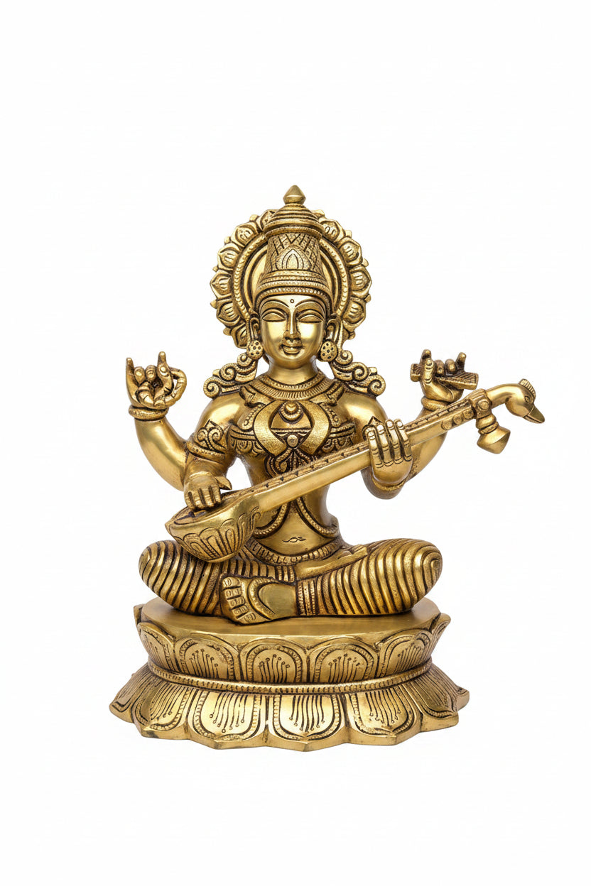 Pure Brass Goddess Saraswati Murti 11 Inch Large Handcrafted Idol for Home Mandir and Puja Room - ManiMonk