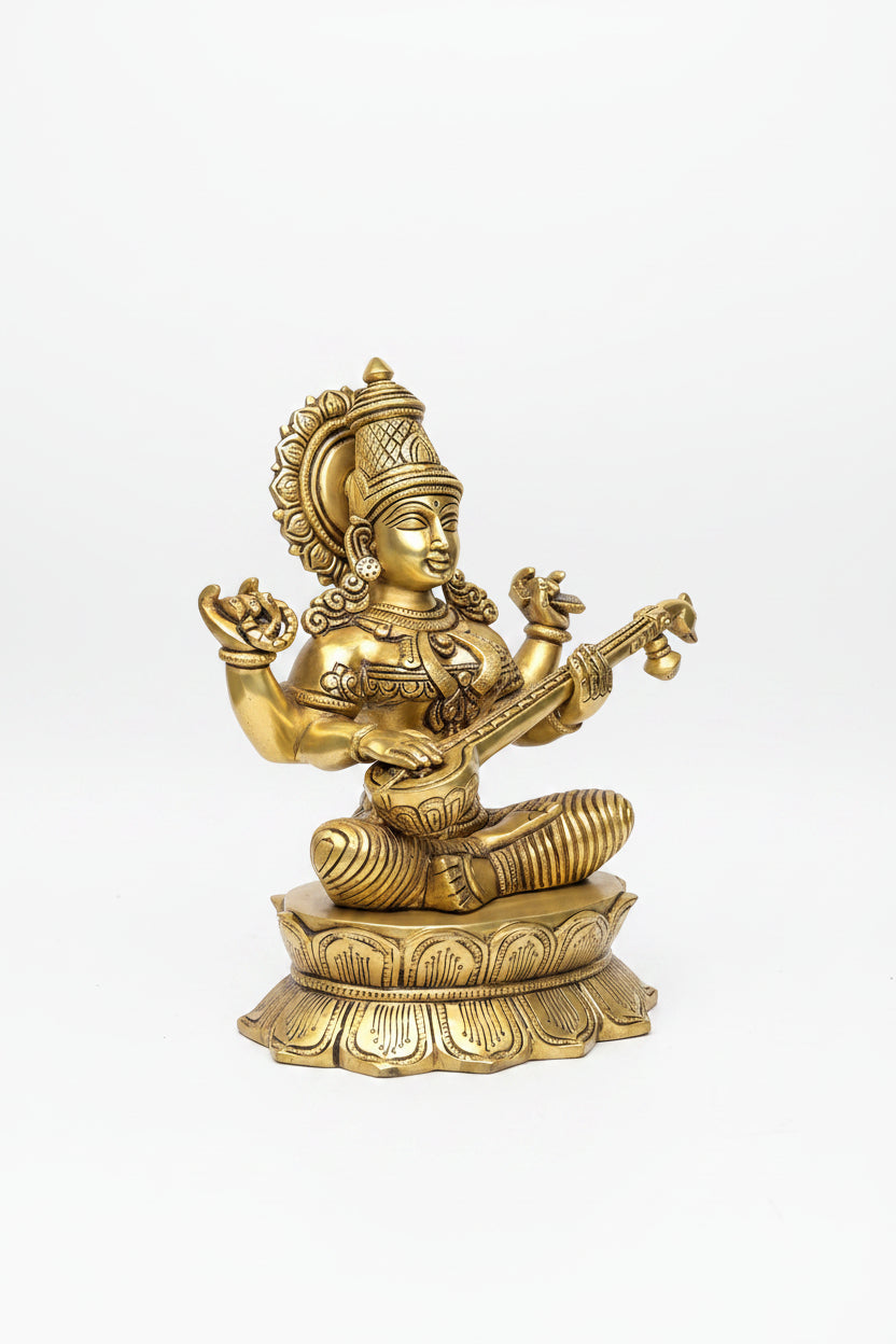 Pure Brass Goddess Saraswati Murti 11 Inch Large Handcrafted Idol for Home Mandir and Puja Room - ManiMonk