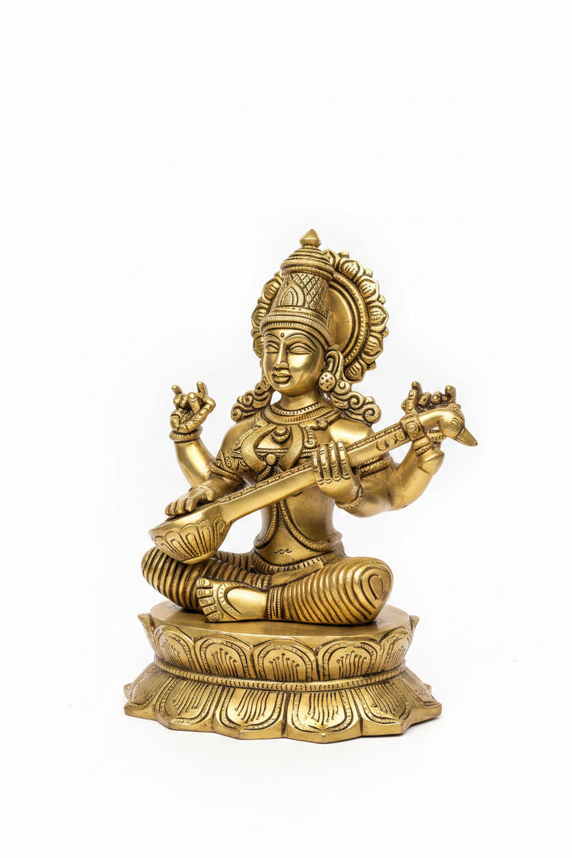 Pure Brass Goddess Saraswati Murti 11 Inch Large Handcrafted Idol for Home Mandir and Puja Room - ManiMonk