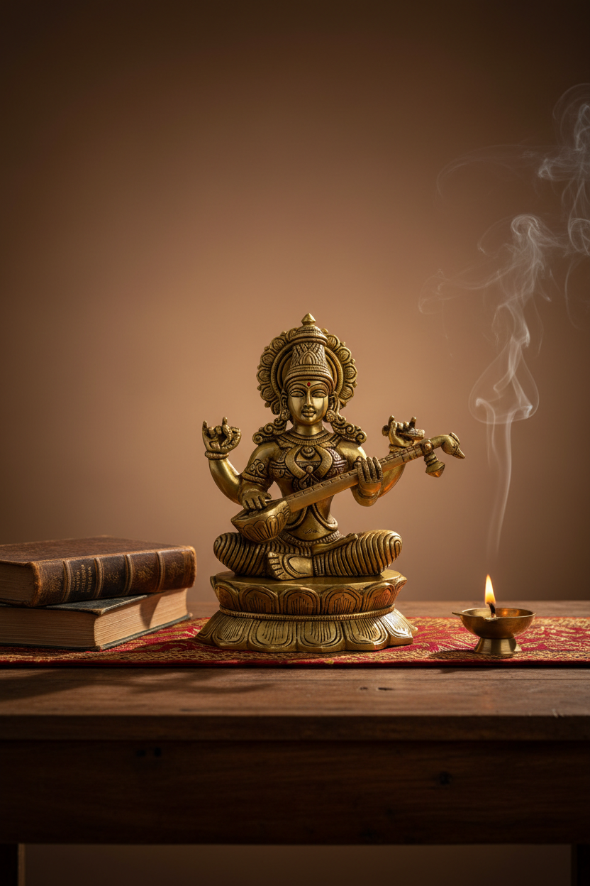 Pure Brass Goddess Saraswati Murti 11 Inch Large Handcrafted Idol for Home Mandir and Puja Room - ManiMonk