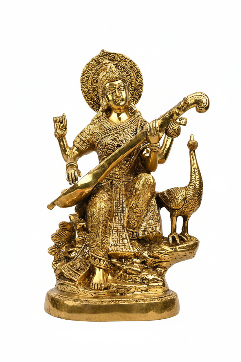 Pure Brass Goddess Saraswati Playing Veena Murti 8.7 Inch Large Premium Handcrafted Idol for Home Temple - ManiMonk