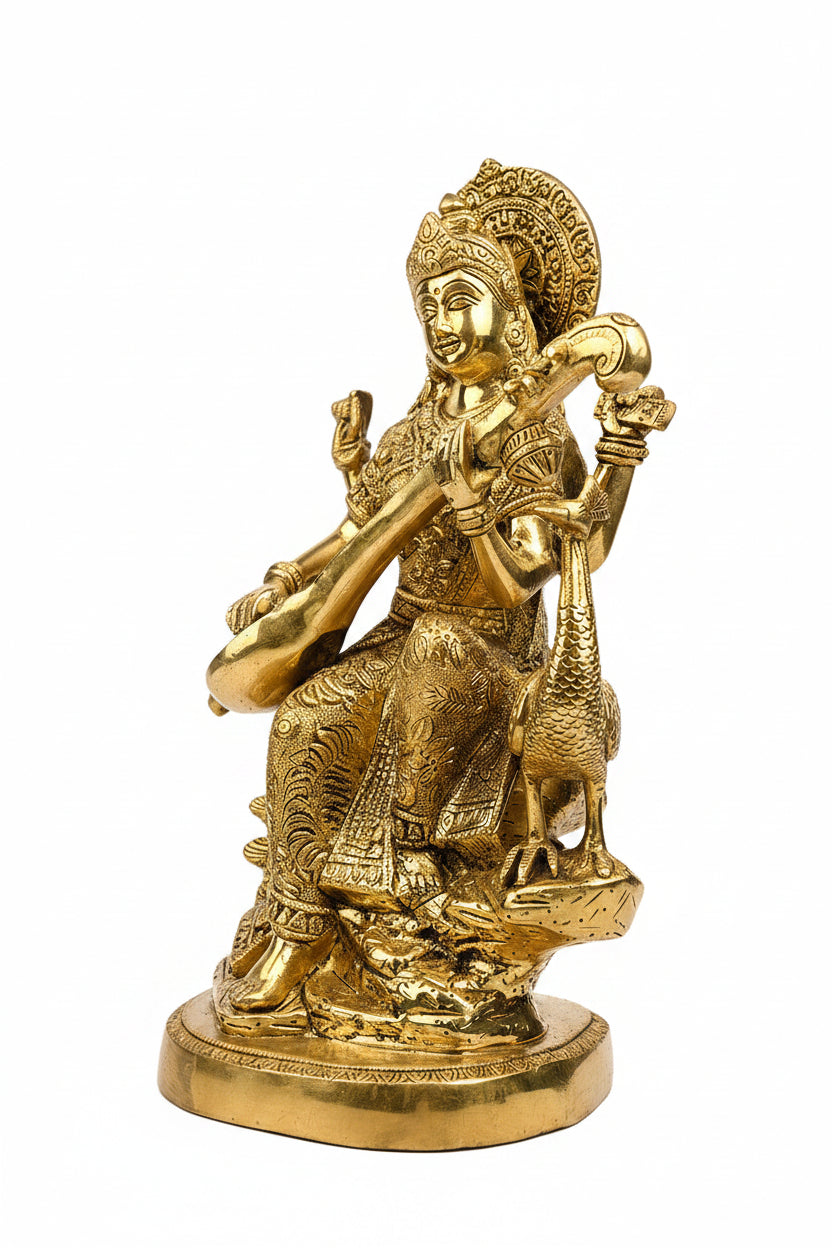 Pure Brass Goddess Saraswati Playing Veena Murti 8.7 Inch Large Premium Handcrafted Idol for Home Temple - ManiMonk