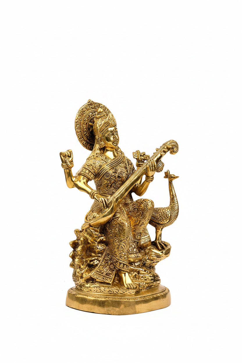 Pure Brass Goddess Saraswati Playing Veena Murti 8.7 Inch Large Premium Handcrafted Idol for Home Temple - ManiMonk