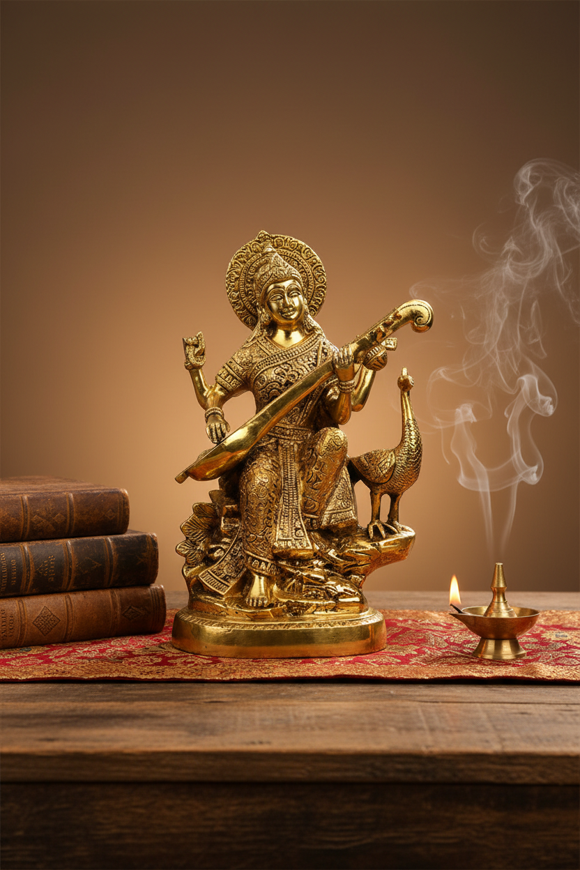 Pure Brass Goddess Saraswati Playing Veena Murti 8.7 Inch Large Premium Handcrafted Idol for Home Temple - ManiMonk