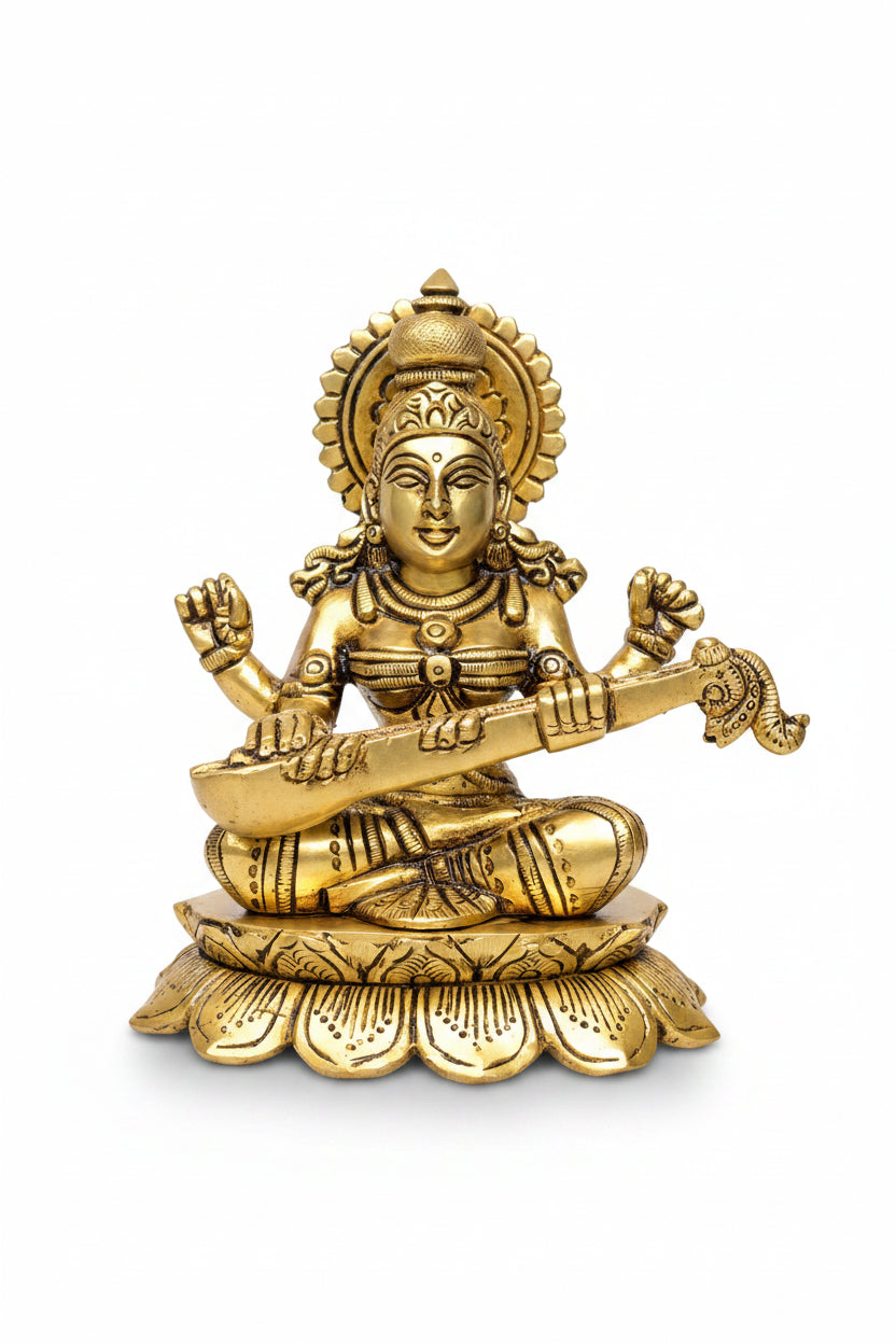 Pure Brass Goddess Saraswati with Veena on Lotus Superfine Idol 6 Inch Handcrafted Murti for Home Mandir - ManiMonk