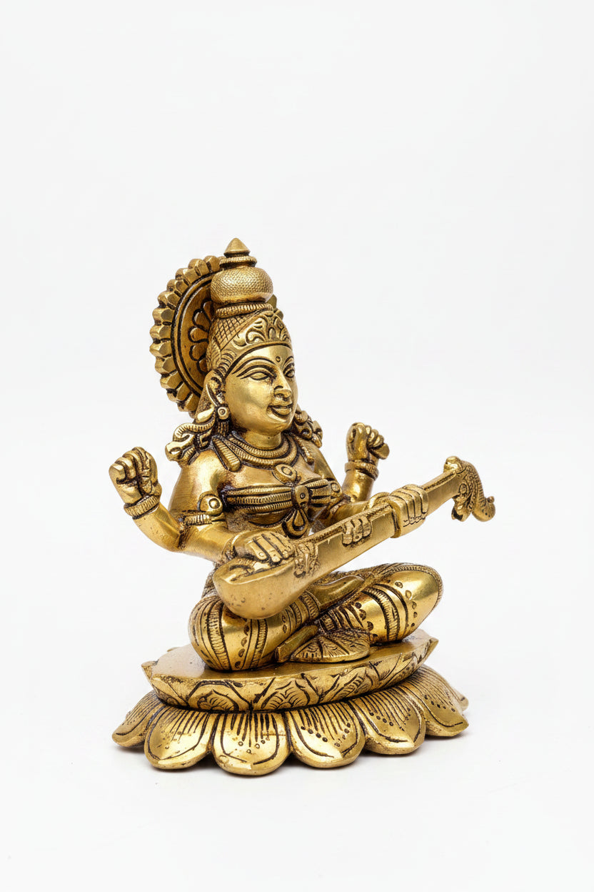 Pure Brass Goddess Saraswati with Veena on Lotus Superfine Idol 6 Inch Handcrafted Murti for Home Mandir - ManiMonk