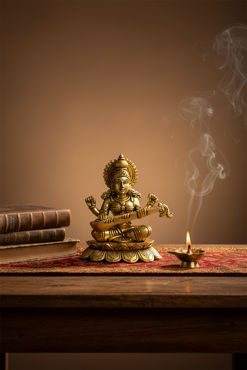 Pure Brass Goddess Saraswati with Veena on Lotus Superfine Idol 6 Inch Handcrafted Murti for Home Mandir - ManiMonk