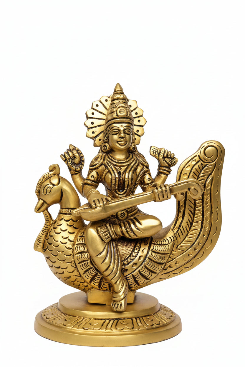 Pure Brass Goddess Saraswati with Veena on Peacock Superfine Idol 5.75 Inch Handcrafted Murti for Home Mandir - ManiMonk
