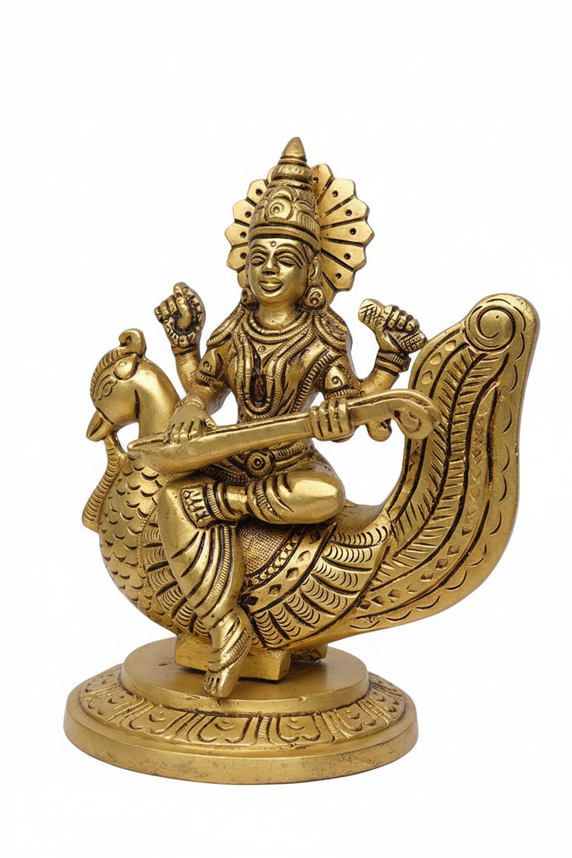 Pure Brass Goddess Saraswati with Veena on Peacock Superfine Idol 5.75 Inch Handcrafted Murti for Home Mandir - ManiMonk