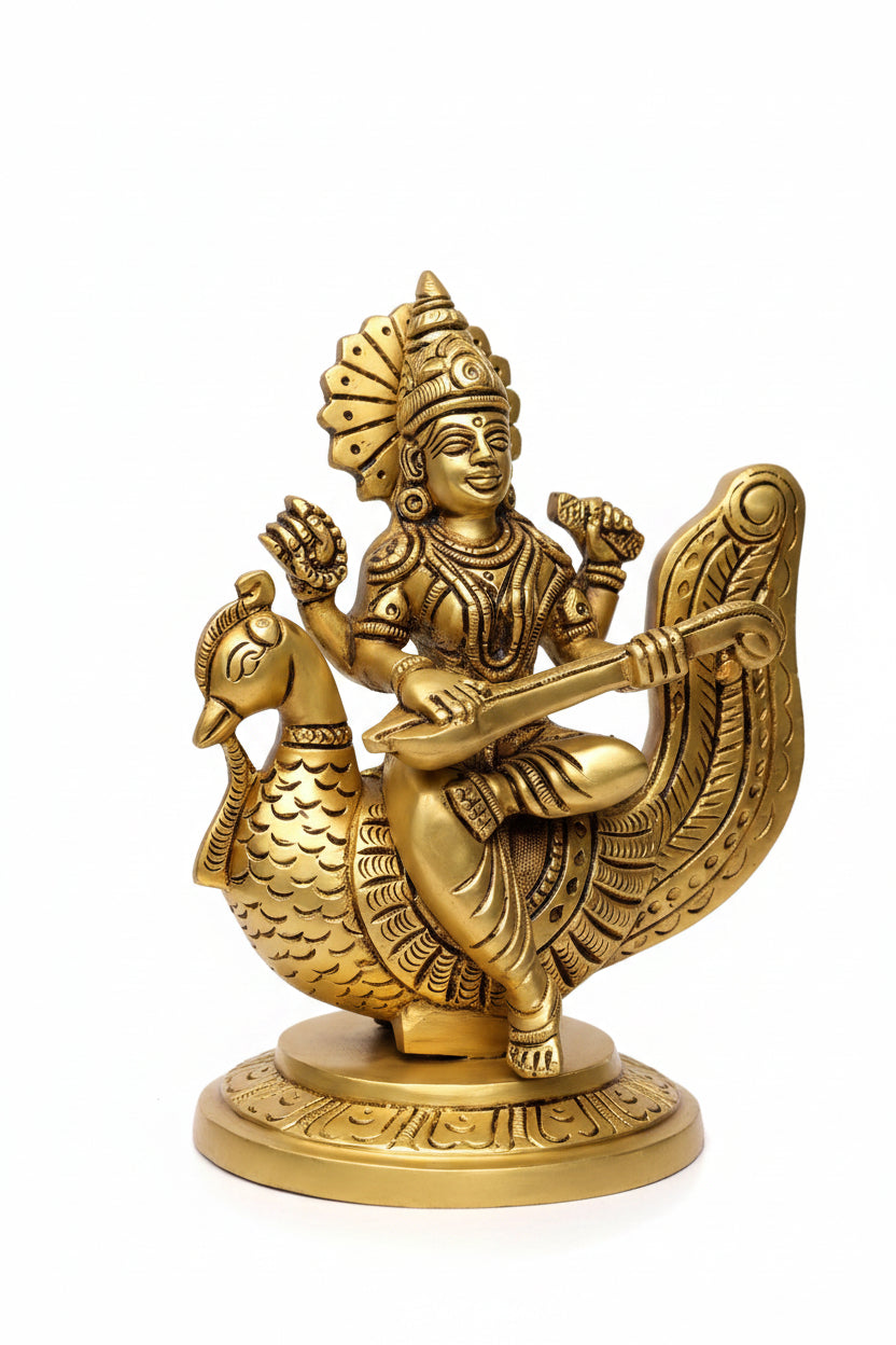Pure Brass Goddess Saraswati with Veena on Peacock Superfine Idol 5.75 Inch Handcrafted Murti for Home Mandir - ManiMonk