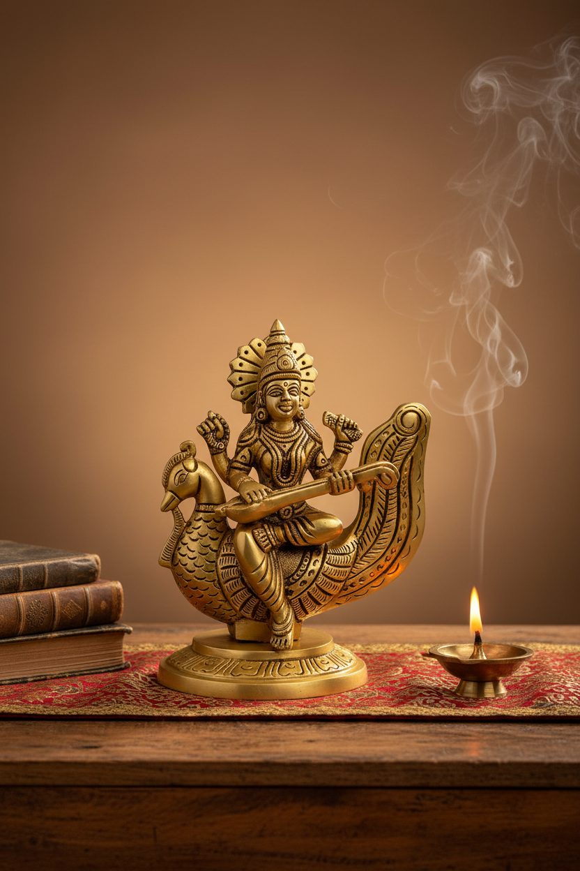 Pure Brass Goddess Saraswati with Veena on Peacock Superfine Idol 5.75 Inch Handcrafted Murti for Home Mandir - ManiMonk