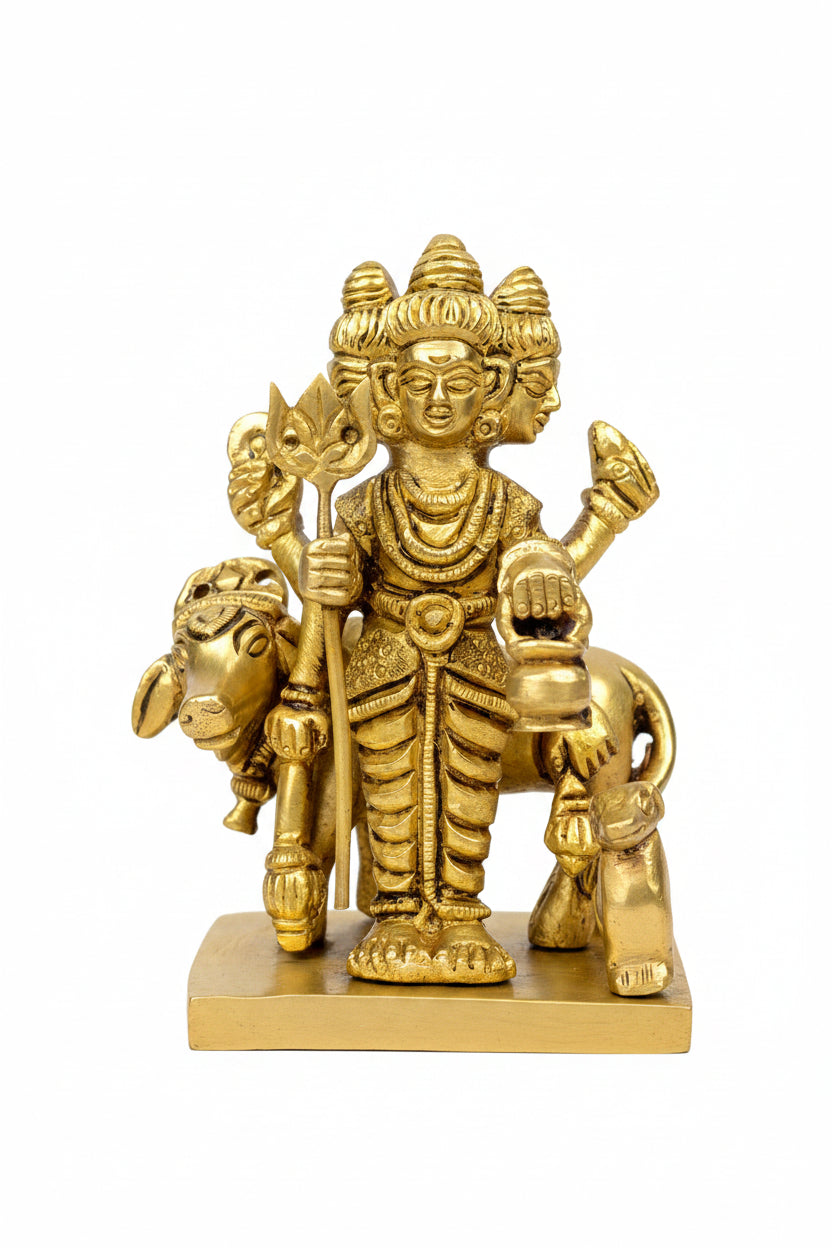 Pure Brass Lord Dattatreya Idol 3.8 Inch Small Handcrafted Murti for Home Mandir Puja Table and Gifting - ManiMonk