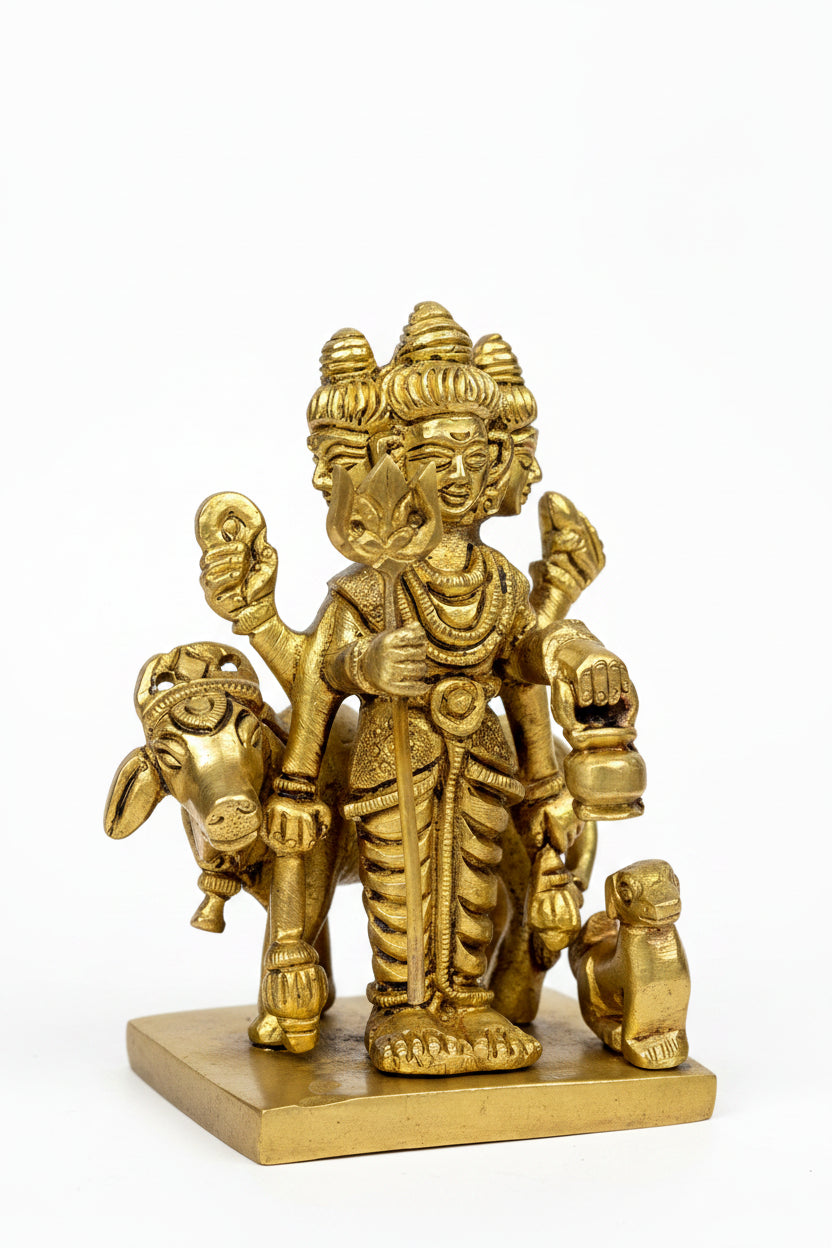 Pure Brass Lord Dattatreya Idol 3.8 Inch Small Handcrafted Murti for Home Mandir Puja Table and Gifting - ManiMonk