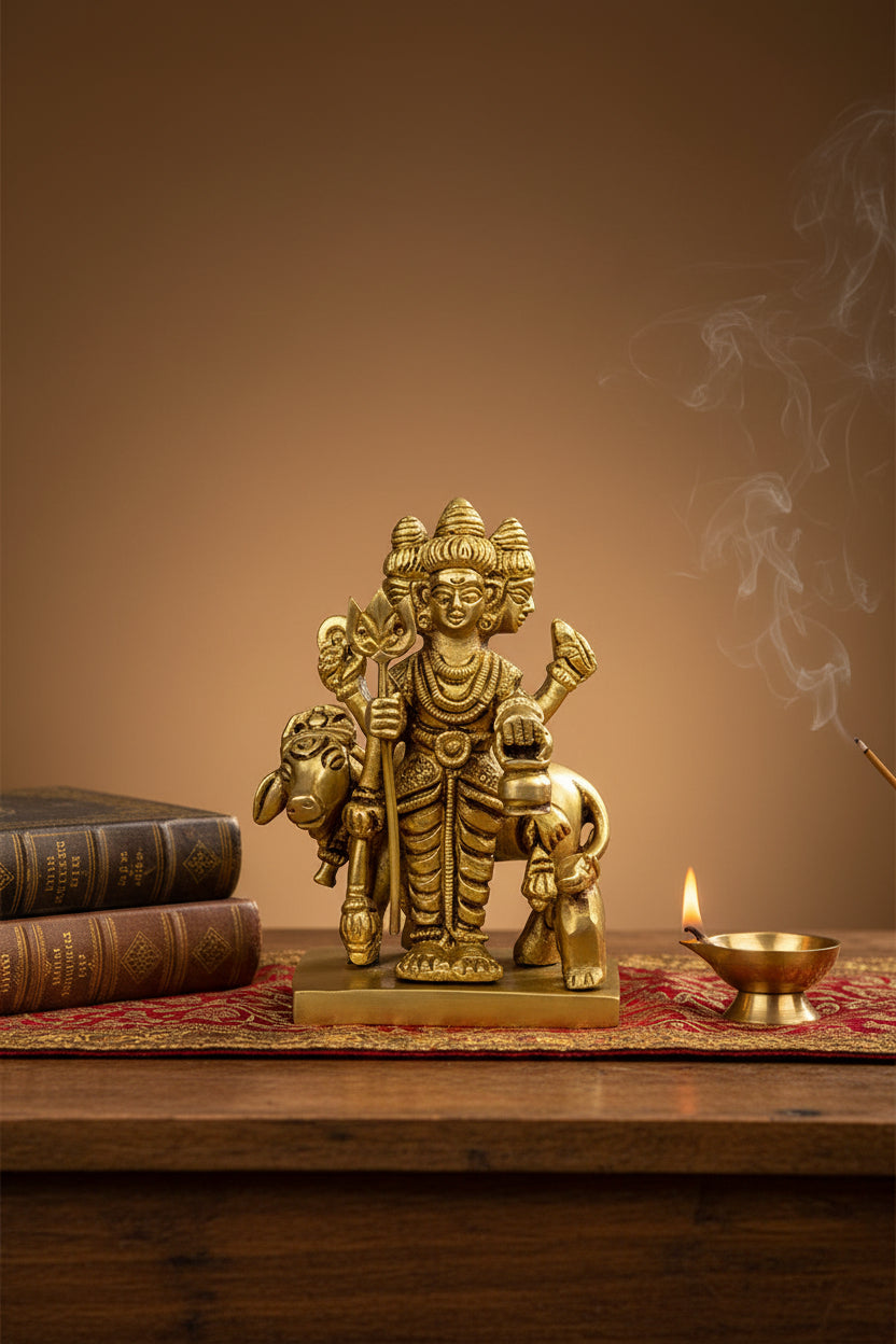 Pure Brass Lord Dattatreya Idol 3.8 Inch Small Handcrafted Murti for Home Mandir Puja Table and Gifting - ManiMonk