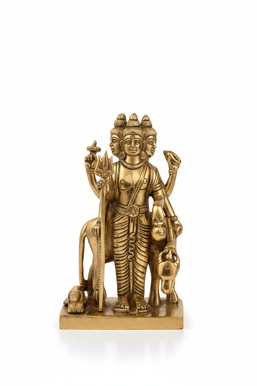 Pure Brass Lord Dattatreya Murti 6 Inch Handcrafted Idol for Home Mandir Puja Room and Gifting - ManiMonk