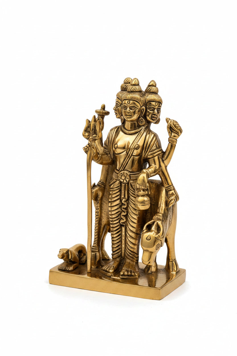 Pure Brass Lord Dattatreya Murti 6 Inch Handcrafted Idol for Home Mandir Puja Room and Gifting - ManiMonk