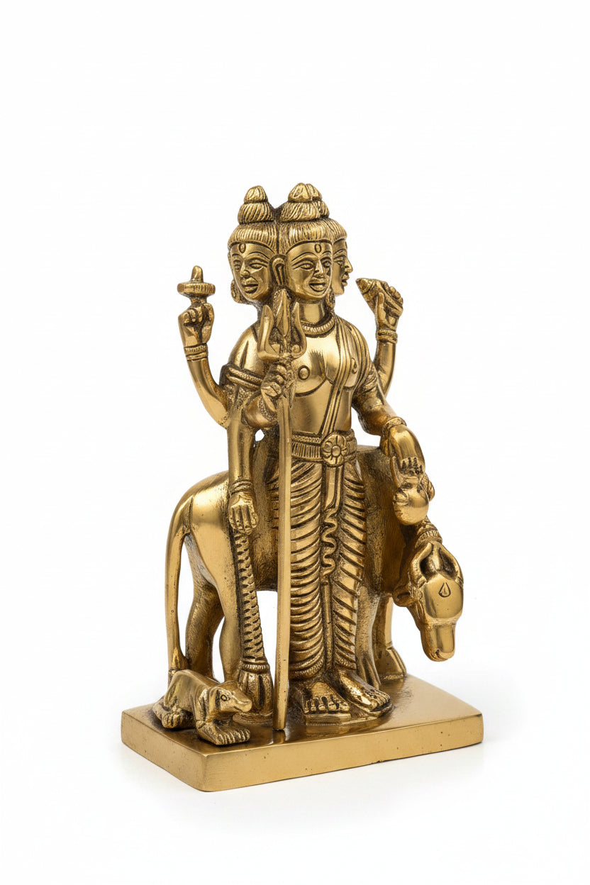 Pure Brass Lord Dattatreya Murti 6 Inch Handcrafted Idol for Home Mandir Puja Room and Gifting - ManiMonk