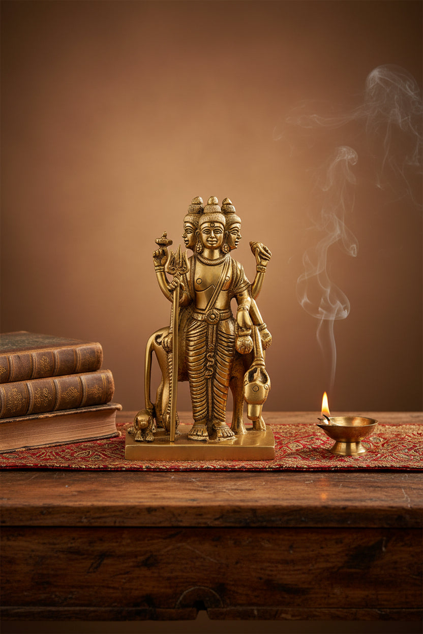 Pure Brass Lord Dattatreya Murti 6 Inch Handcrafted Idol for Home Mandir Puja Room and Gifting - ManiMonk