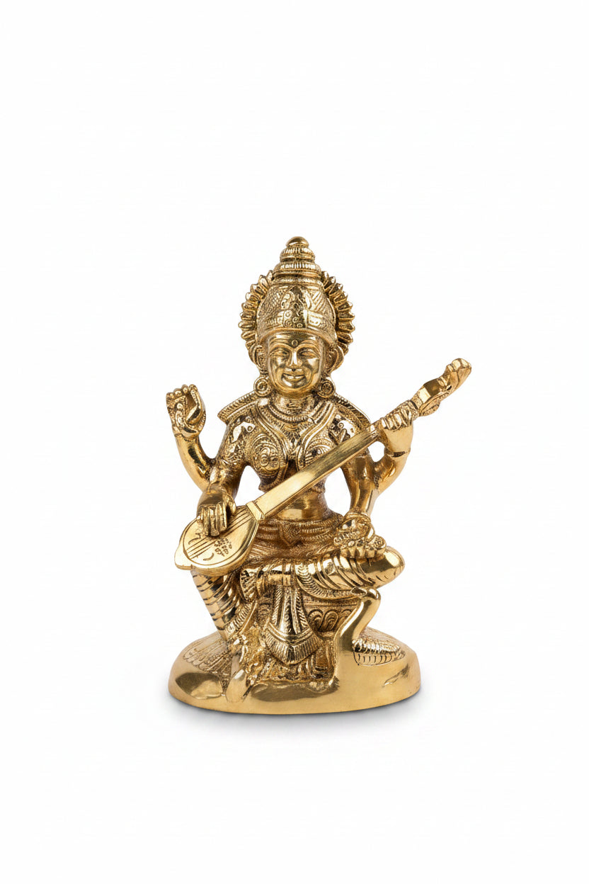 Pure Brass Maa Saraswati Murti 6.5 Inch Handcrafted Idol for Puja Room Study and Home Temple
