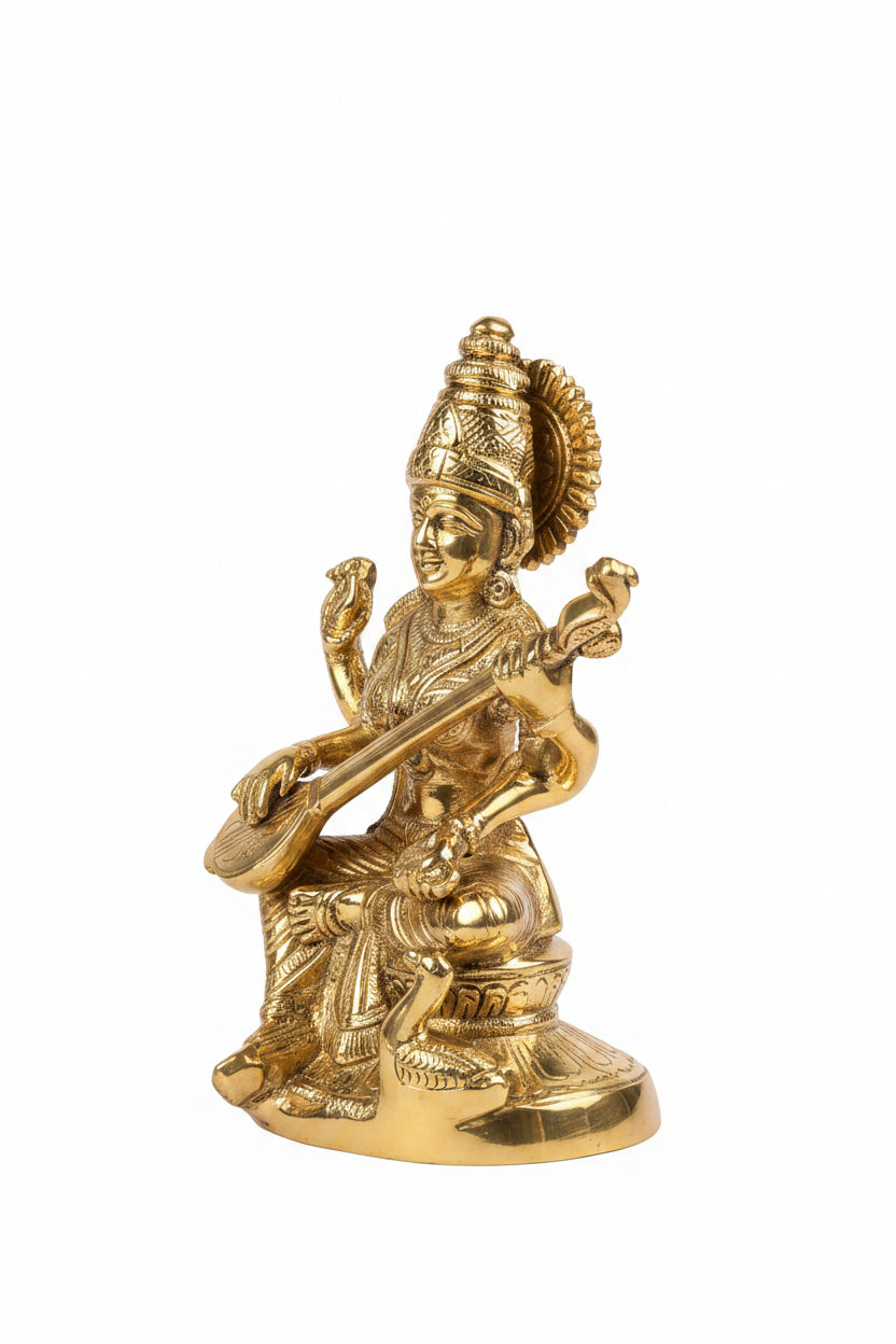 Pure Brass Maa Saraswati Murti 6.5 Inch Handcrafted Idol for Puja Room Study and Home Temple