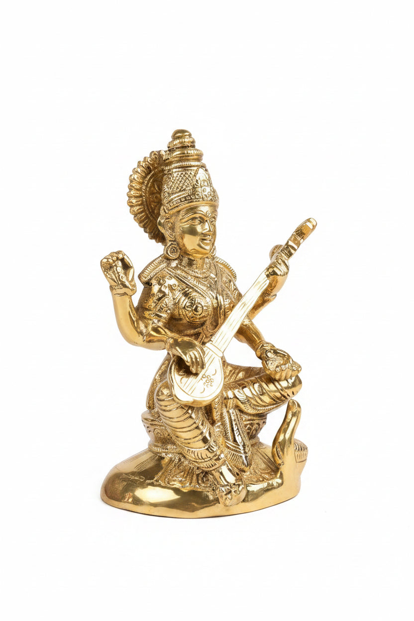 Pure Brass Maa Saraswati Murti 6.5 Inch Handcrafted Idol for Puja Room Study and Home Temple