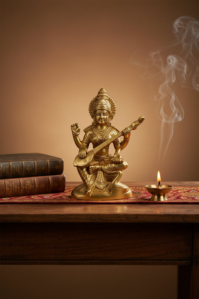 Pure Brass Maa Saraswati Murti 6.5 Inch Handcrafted Idol for Puja Room Study and Home Temple
