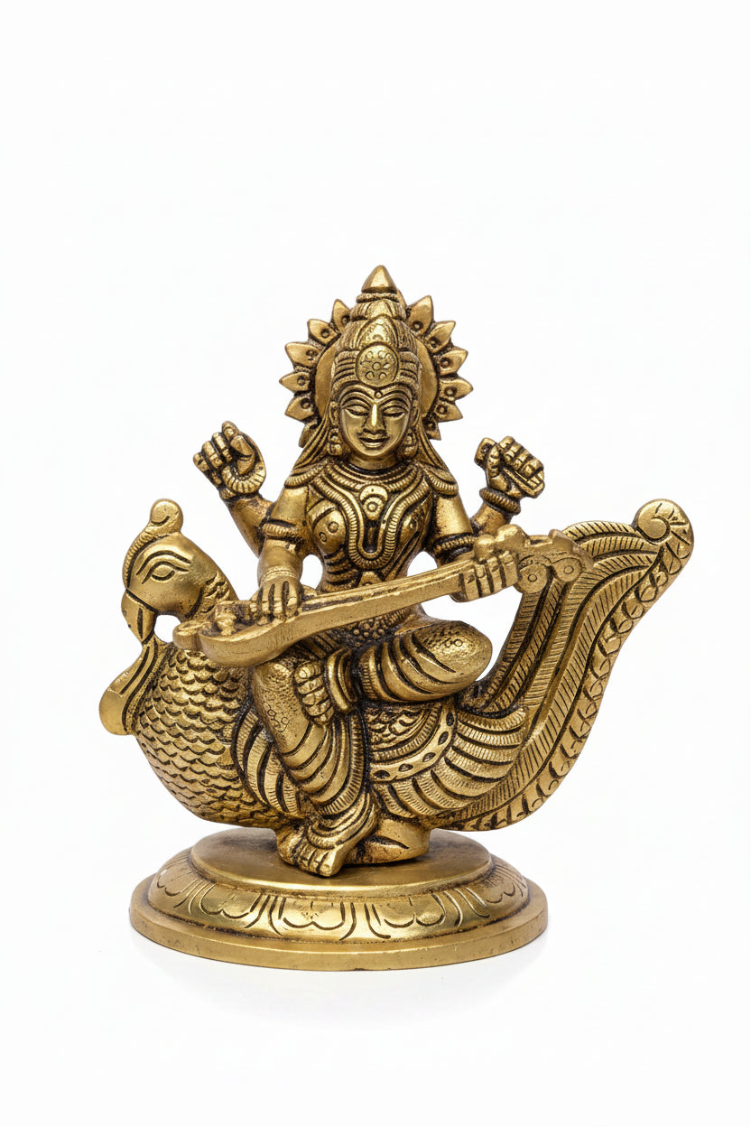 Pure Brass Saraswati Devi Idol 4.4 Inch Compact Handcrafted Murti for Puja Room Study Table and Gifting