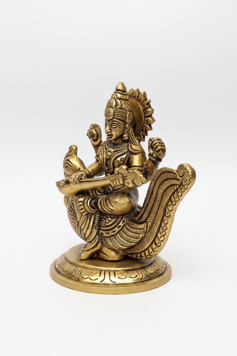 Pure Brass Saraswati Devi Idol 4.4 Inch Compact Handcrafted Murti for Puja Room Study Table and Gifting