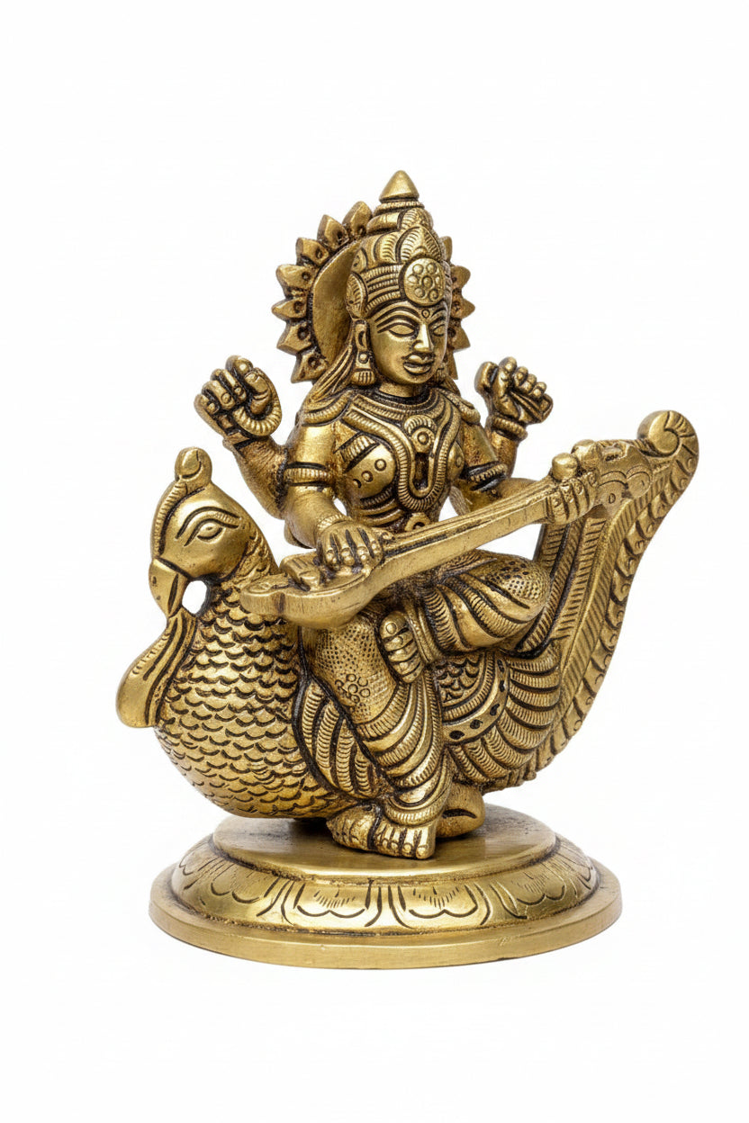 Pure Brass Saraswati Devi Idol 4.4 Inch Compact Handcrafted Murti for Puja Room Study Table and Gifting