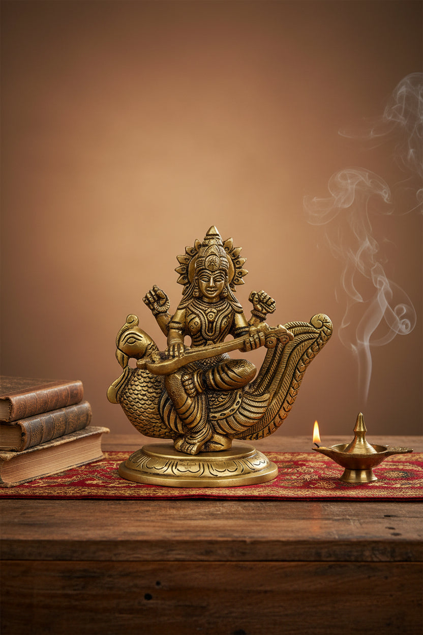 Pure Brass Saraswati Devi Idol 4.4 Inch Compact Handcrafted Murti for Puja Room Study Table and Gifting