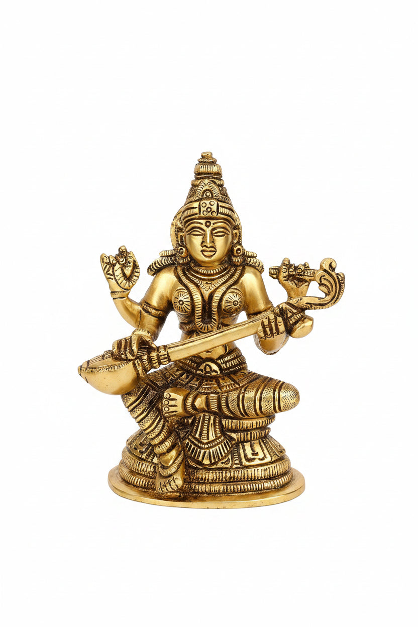 Pure Brass Saraswati Devi Playing Veena Idol 5 Inch Handcrafted Murti for Home Temple Puja Room and Gifting - ManiMonk