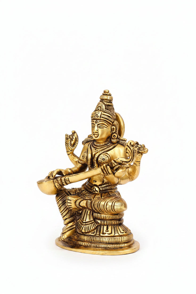 Pure Brass Saraswati Devi Playing Veena Idol 5 Inch Handcrafted Murti for Home Temple Puja Room and Gifting - ManiMonk