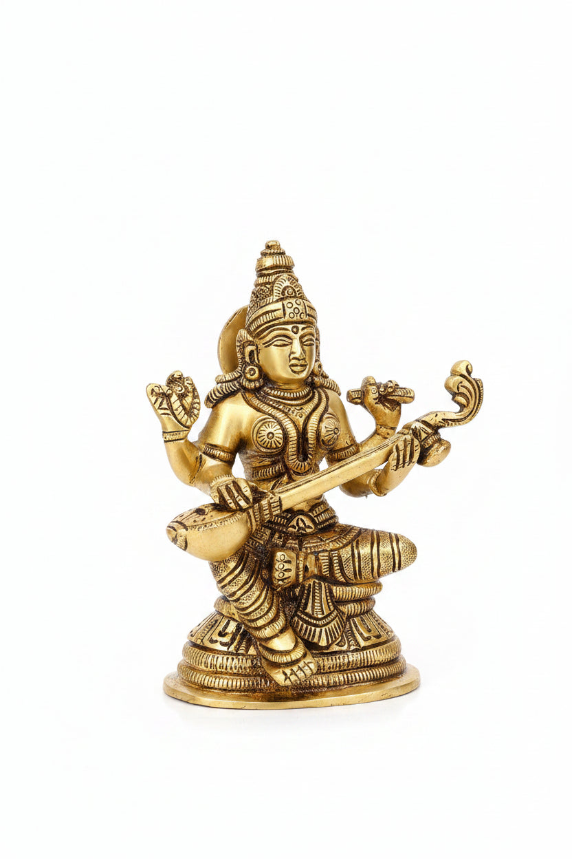 Pure Brass Saraswati Devi Playing Veena Idol 5 Inch Handcrafted Murti for Home Temple Puja Room and Gifting - ManiMonk