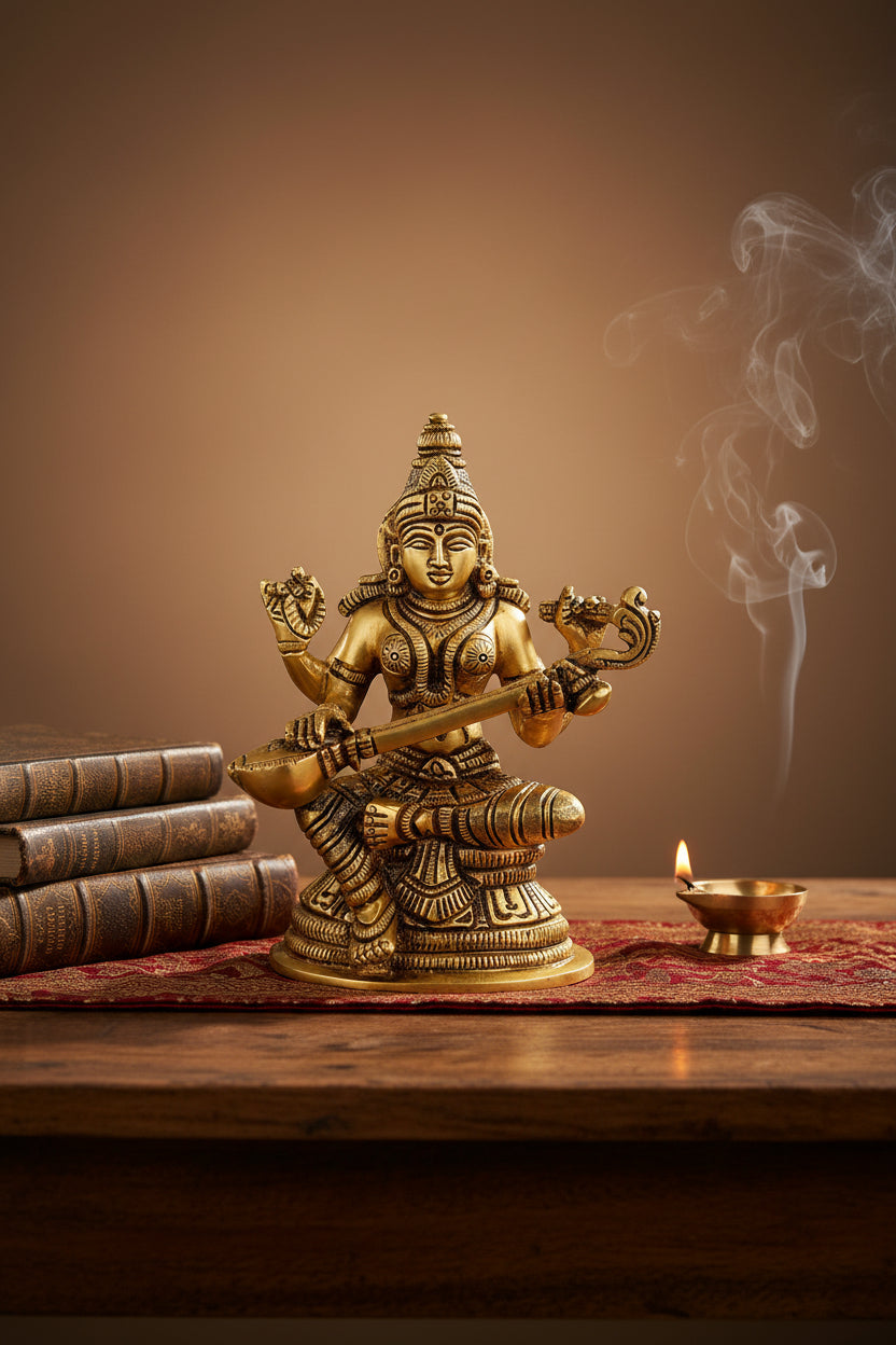 Pure Brass Saraswati Devi Playing Veena Idol 5 Inch Handcrafted Murti for Home Temple Puja Room and Gifting - ManiMonk