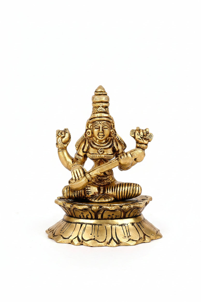 Pure Brass Saraswati Devi Veena Playing Idol 3.4 Inch Compact Handcrafted Murti for Puja Room and Gifting - ManiMonk