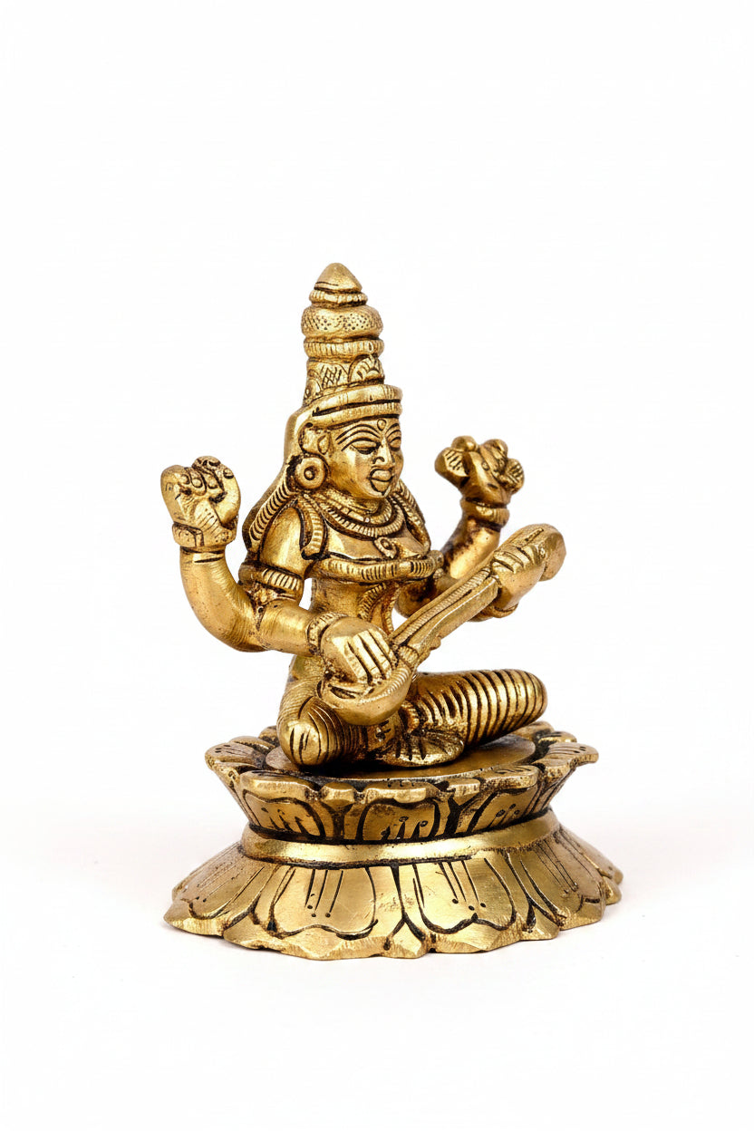 Pure Brass Saraswati Devi Veena Playing Idol 3.4 Inch Compact Handcrafted Murti for Puja Room and Gifting - ManiMonk