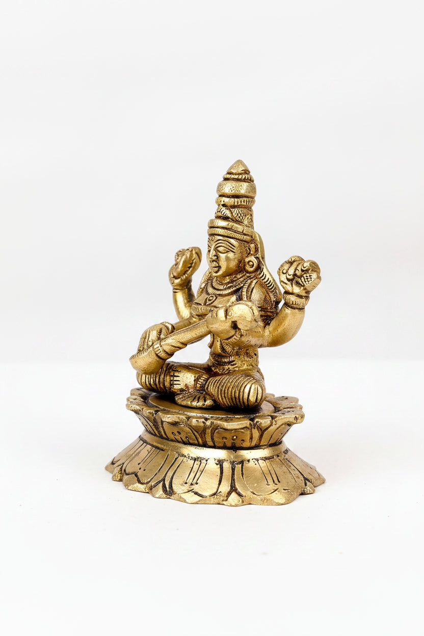 Pure Brass Saraswati Devi Veena Playing Idol 3.4 Inch Compact Handcrafted Murti for Puja Room and Gifting - ManiMonk