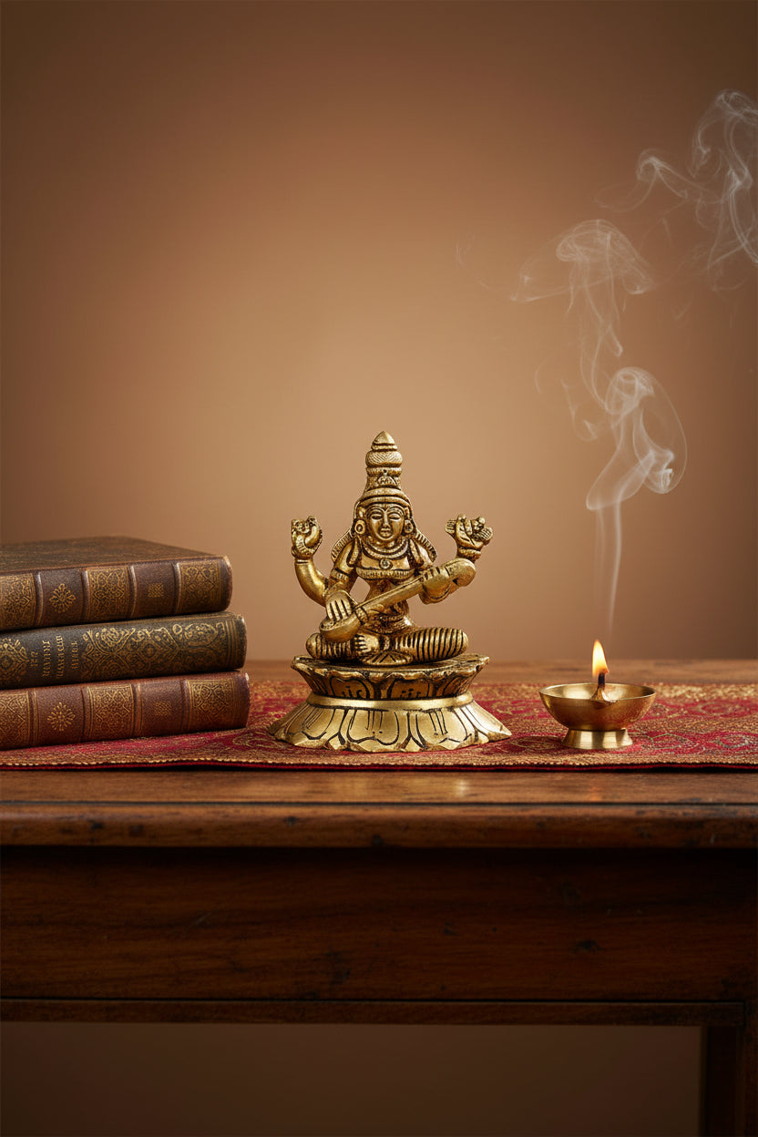Pure Brass Saraswati Devi Veena Playing Idol 3.4 Inch Compact Handcrafted Murti for Puja Room and Gifting - ManiMonk